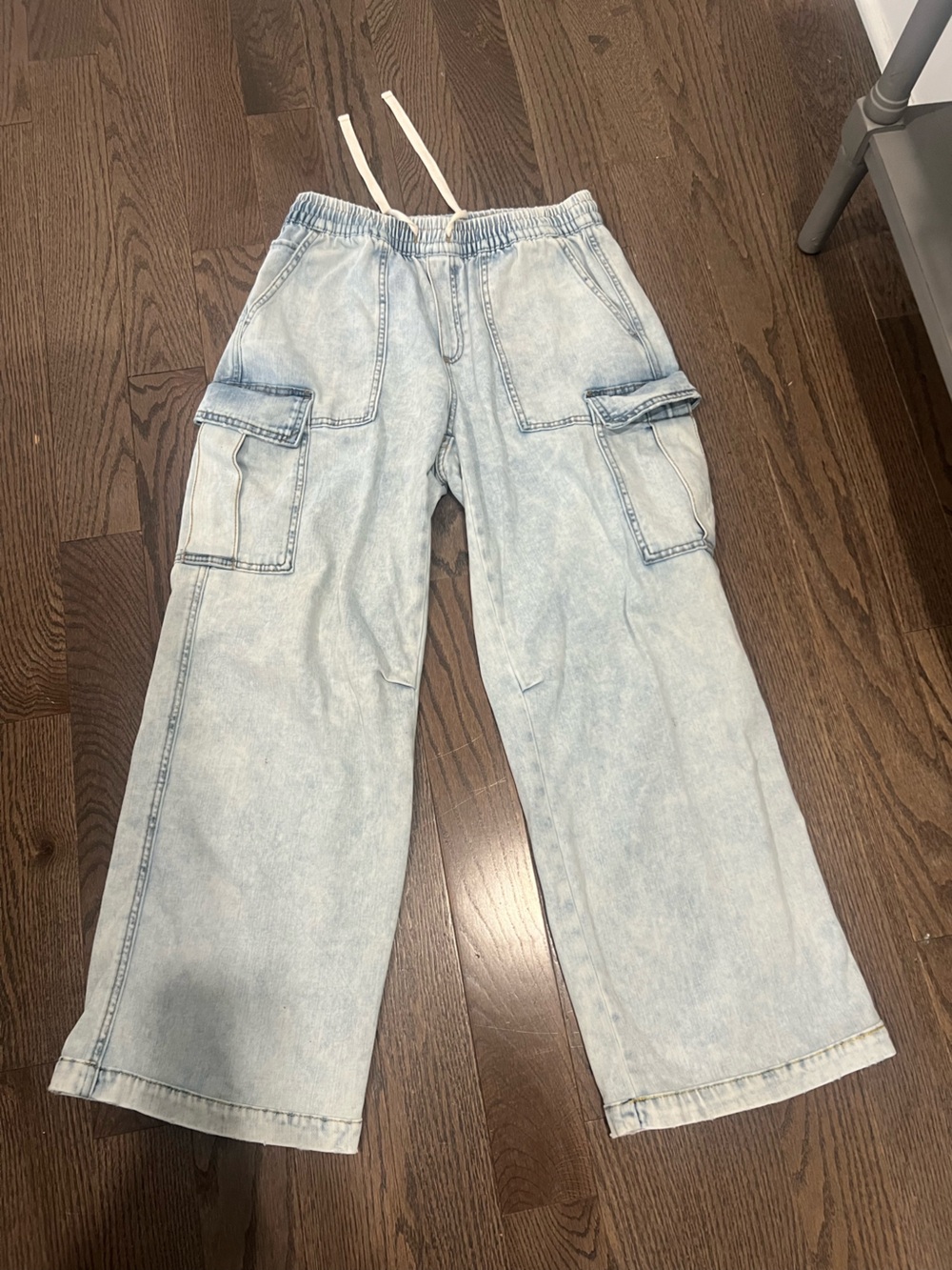 aerie Light Wash Wide Leg Cargo Jeans - Light Blue